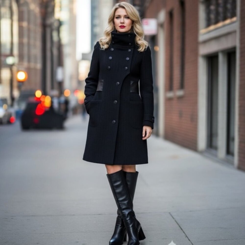 Mackage Wool Leather Fitted Coat Military Long Double Breasted Pea Minimalist M